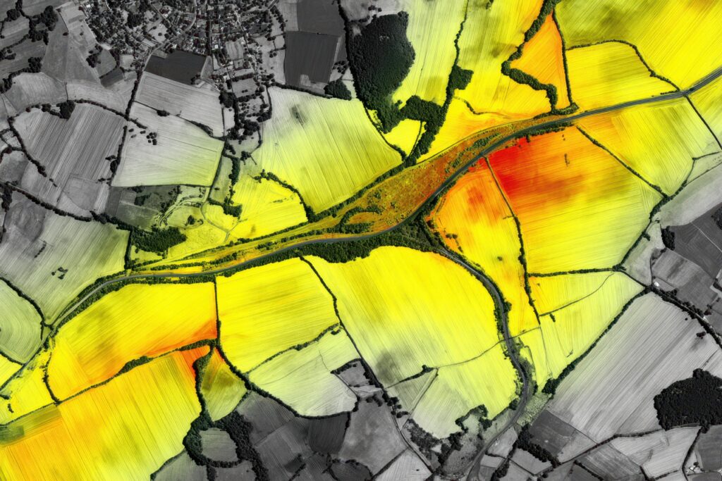 Aerial View of Farmland with Multispectral Imaging for Agriculture Analysis.